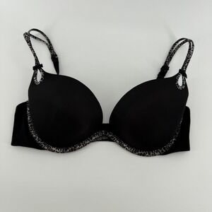 Victoria's Secret Black Push Up Bra 36C Leopard Trim Bow Detail